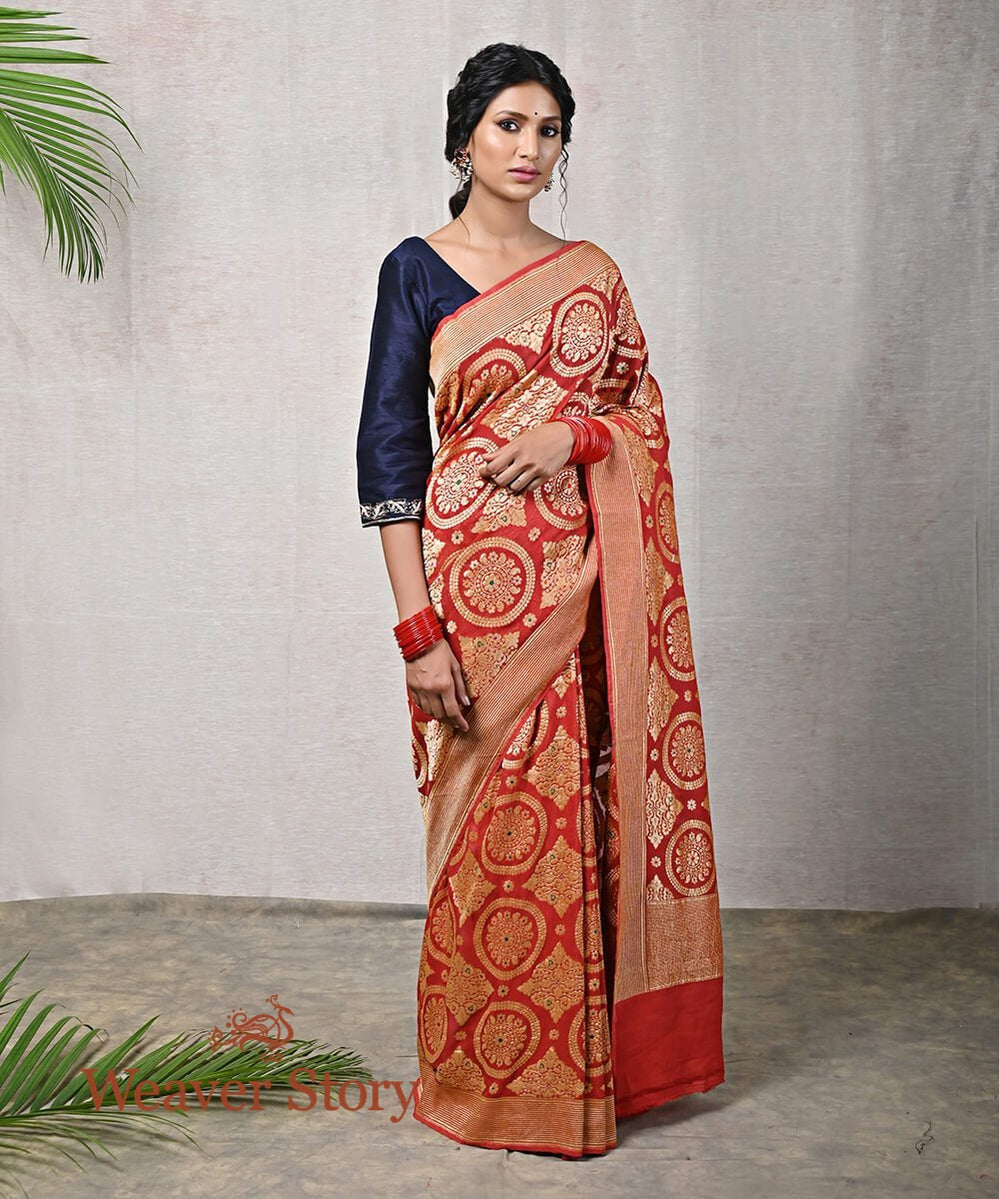 Handloom_Brick_Red_Banarasi_Georgette_Saree_with_Meenakari_WeaverStory_02