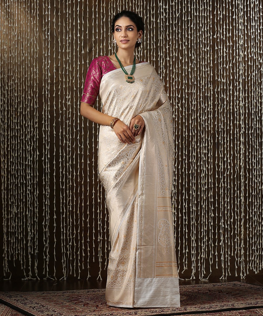 Handloom_White_Shikargah_Banarasi_saree_with_Mustard_Meenakari_Design_WeaverStory_02