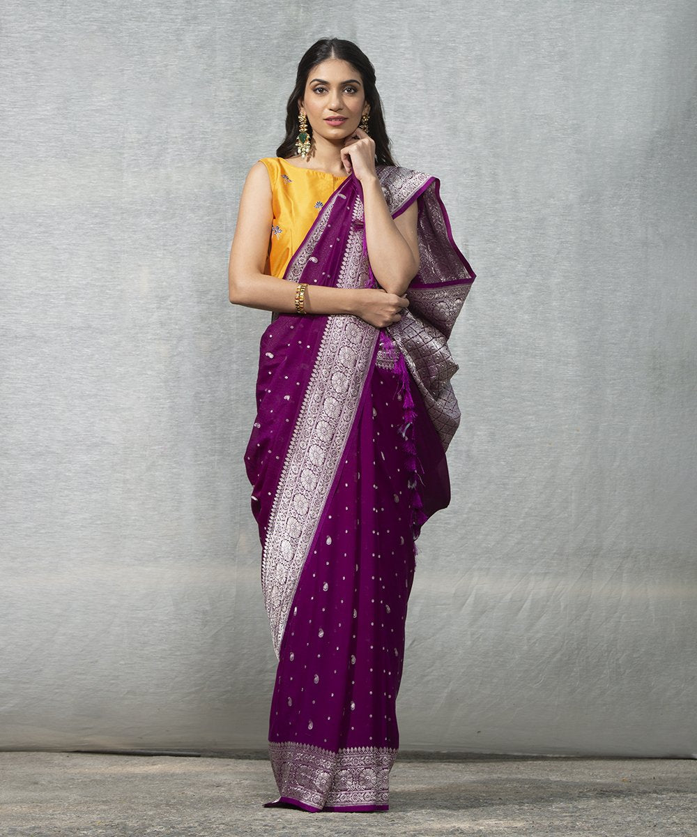 Handloom_Wine_Banarasi_Georgette_Banarasi_Saree_With_Broad_Silver_Zari_Border_WeaverStory_02