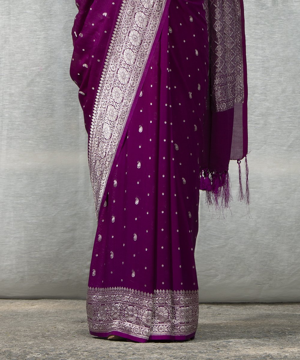 Handloom_Wine_Banarasi_Georgette_Banarasi_Saree_With_Broad_Silver_Zari_Border_WeaverStory_04