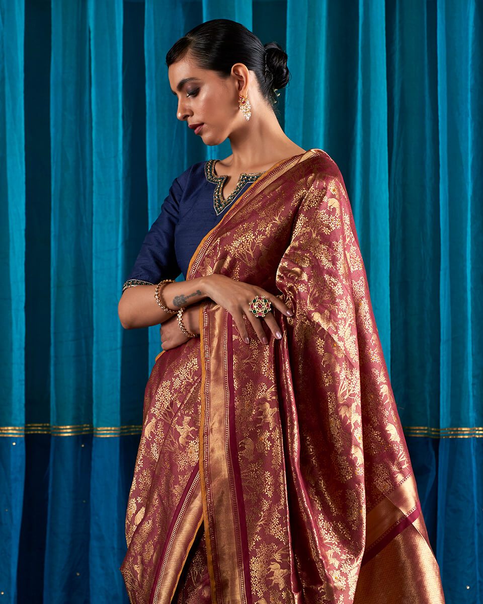 Handloom_Wine_Red_Kimkhab_Shikargah_Saree_with_a_Mustard_Selvedge_WeaverStory_01