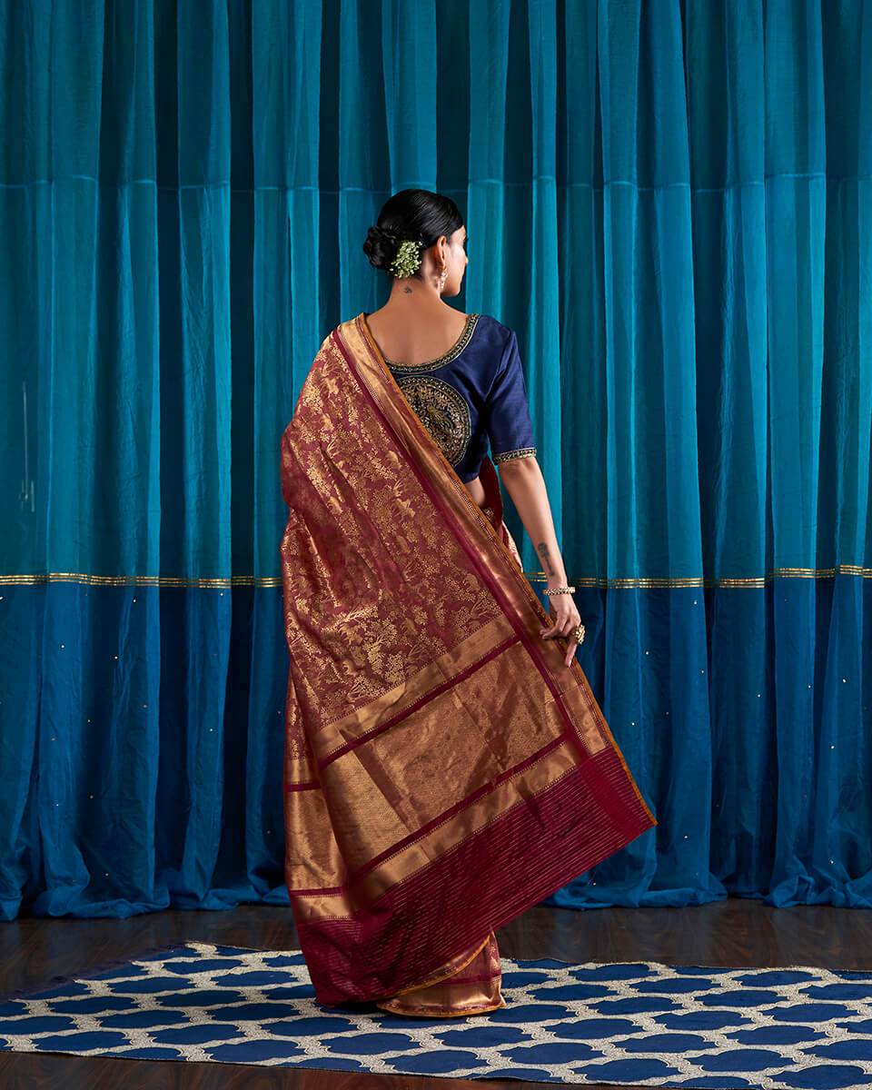 Handloom_Wine_Red_Kimkhab_Shikargah_Saree_with_a_Mustard_Selvedge_WeaverStory_03
