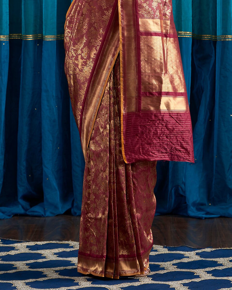 Handloom_Wine_Red_Kimkhab_Shikargah_Saree_with_a_Mustard_Selvedge_WeaverStory_04