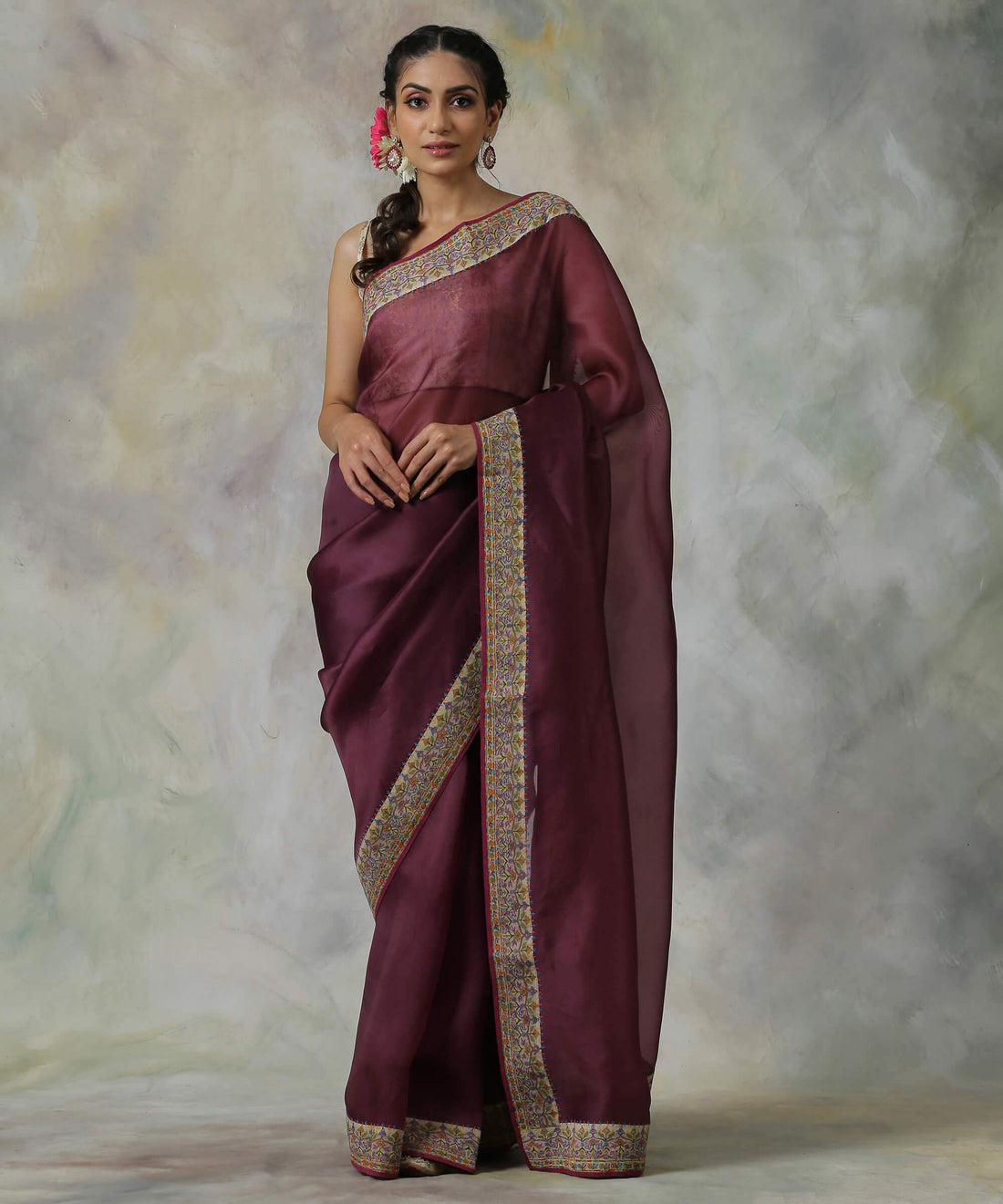 Wine_Handloom_Organza_Saree_with_Hand_Appliqued_Sozni_Needle_Work_Border_WeaverStory_02