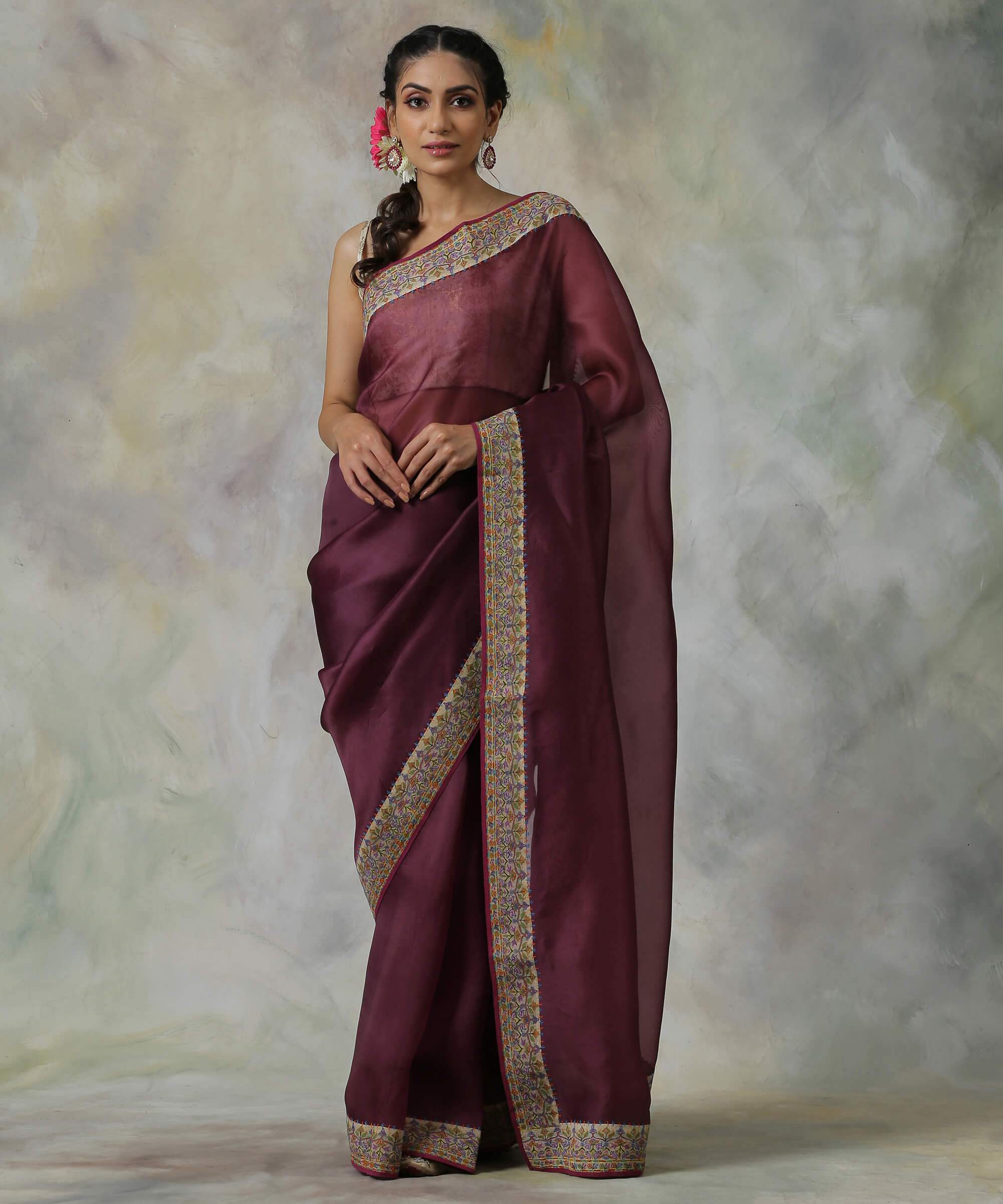 Wine_Handloom_Organza_Saree_with_Hand_Appliqued_Sozni_Needle_Work_Border_WeaverStory_02