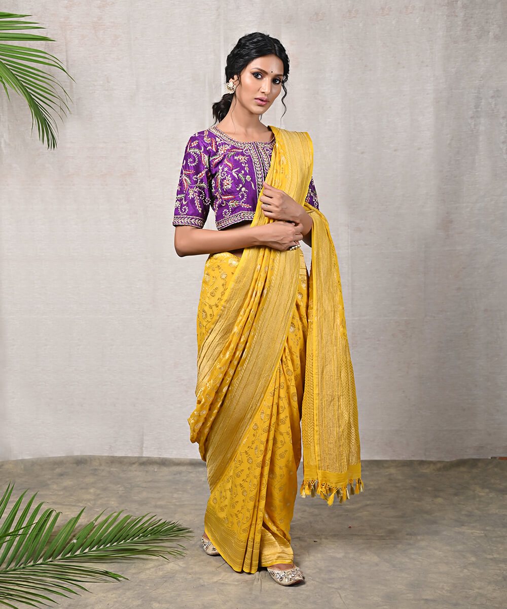 Handloom_Yellow_Banarasi_Georgette_Saree_with_Floral_Weave_WeaverStory_02
