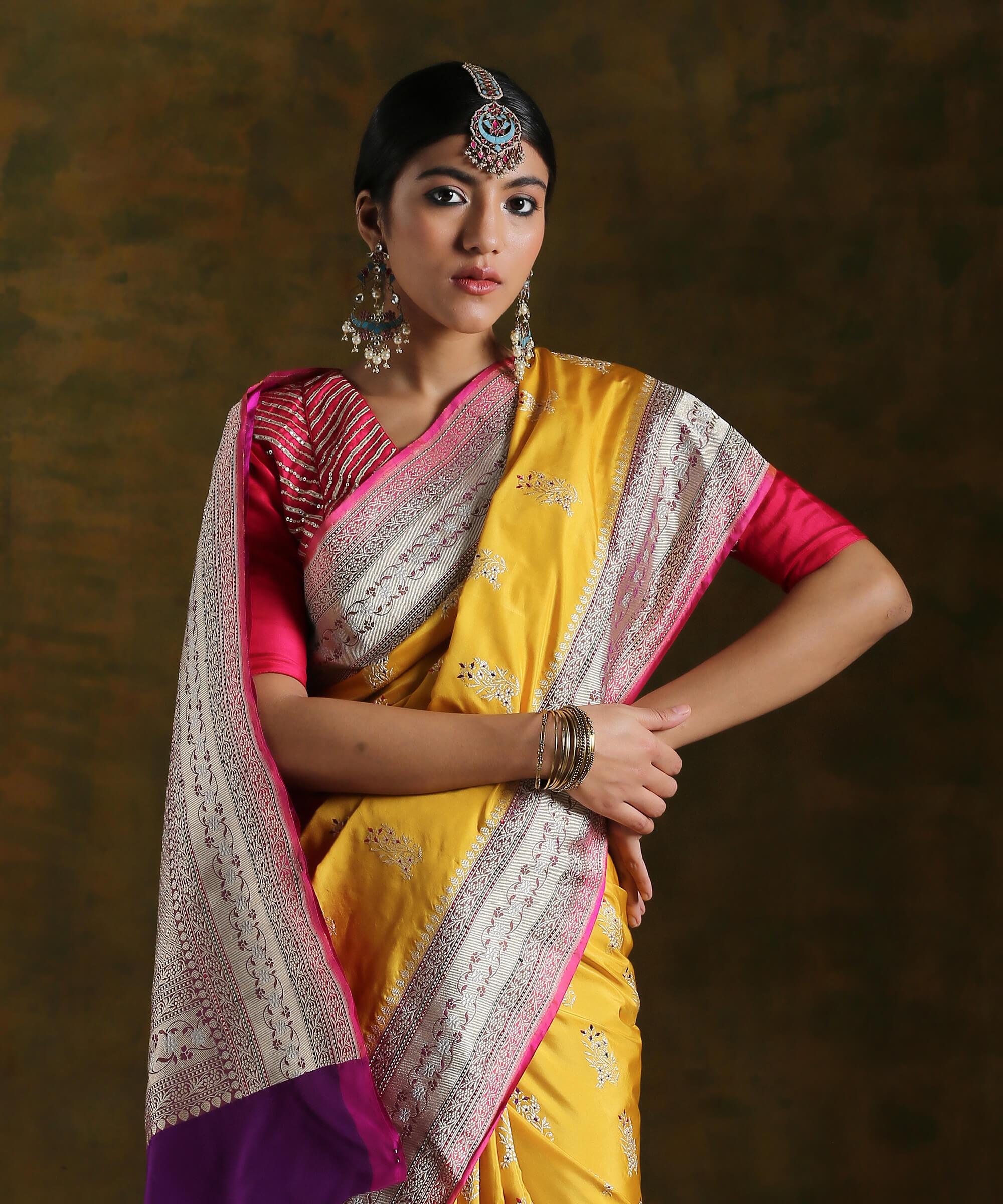 Handloom_Pure_Katan_Silk_Banarasi_Saree_in_Yellow_with_a_Kadhwa_Meenakari_Weave_WeaverStory_01