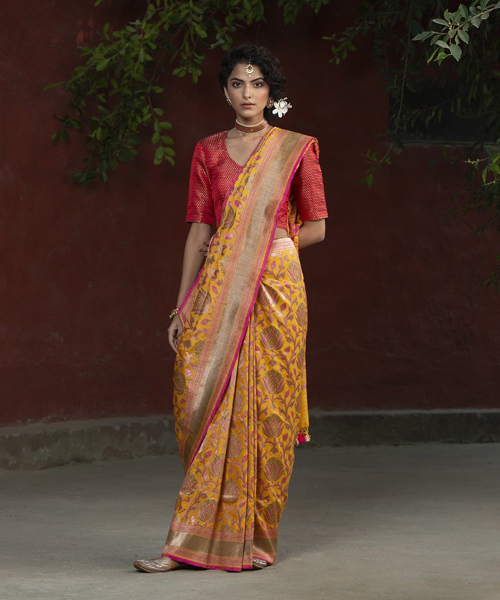 Handloom_Yellow_Lotus_Flower_Katan_Silk_Antique_Zari_Jangla_Banarasi_Saree_WeaverStory_02