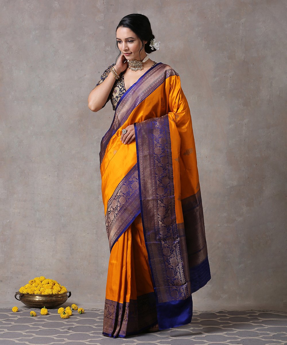 Handloom_Yellow_Pure_Katan_Silk_Banarasi_Saree_With_Purple_Floral_Border_WeaverStory_02