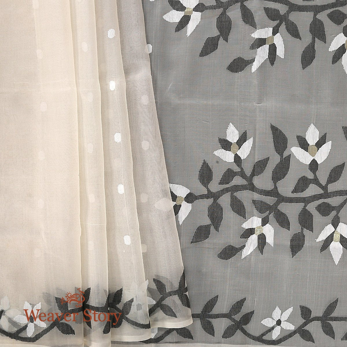 Handwoven_White_Dhakai_Jamdani_Saree_with_Black_and_White_Booti_and_Palla_WeaverStory_01