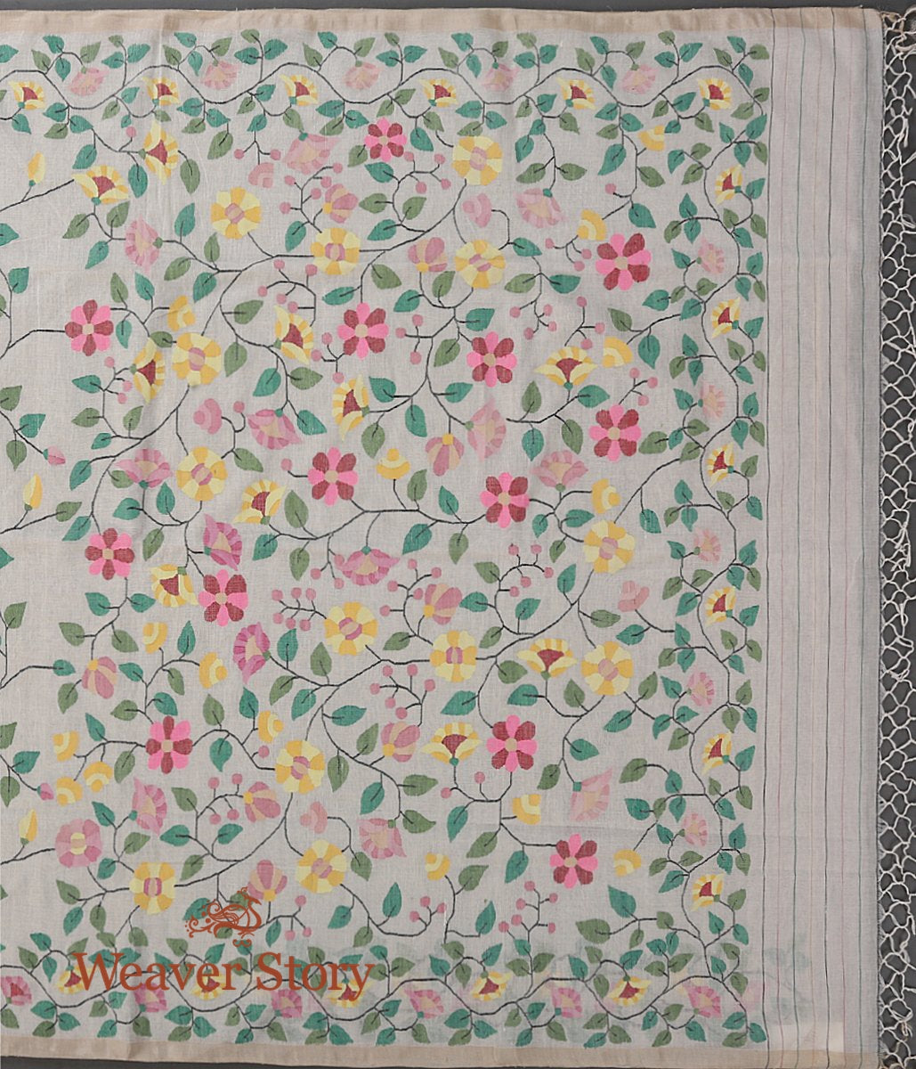 Handwoven_and_Handspun_Cotton_Jamdani_Saree_in_Offwhite_with_all_over_Floral_Jaal_WeaverStory_04