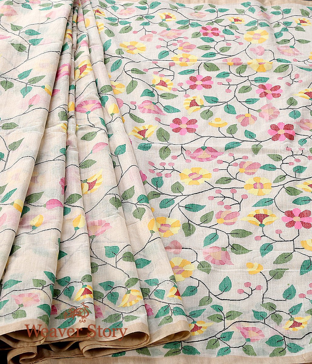 Handwoven_and_Handspun_Cotton_Jamdani_Saree_in_Offwhite_with_all_over_Floral_Jaal_WeaverStory_02