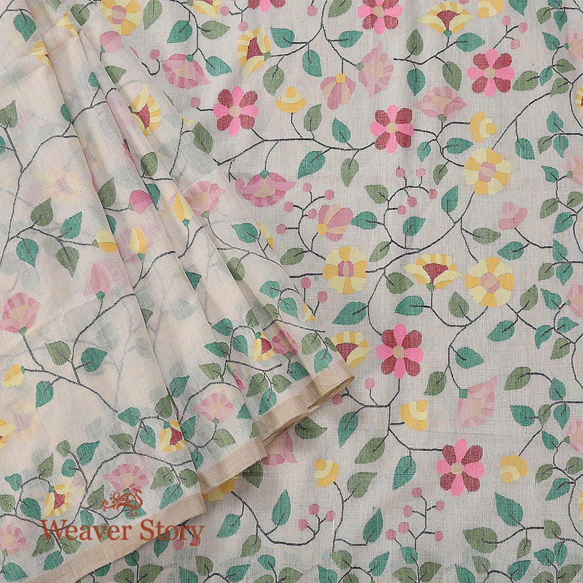 Handwoven_and_Handspun_Cotton_Jamdani_Saree_in_Offwhite_with_all_over_Floral_Jaal_WeaverStory_01