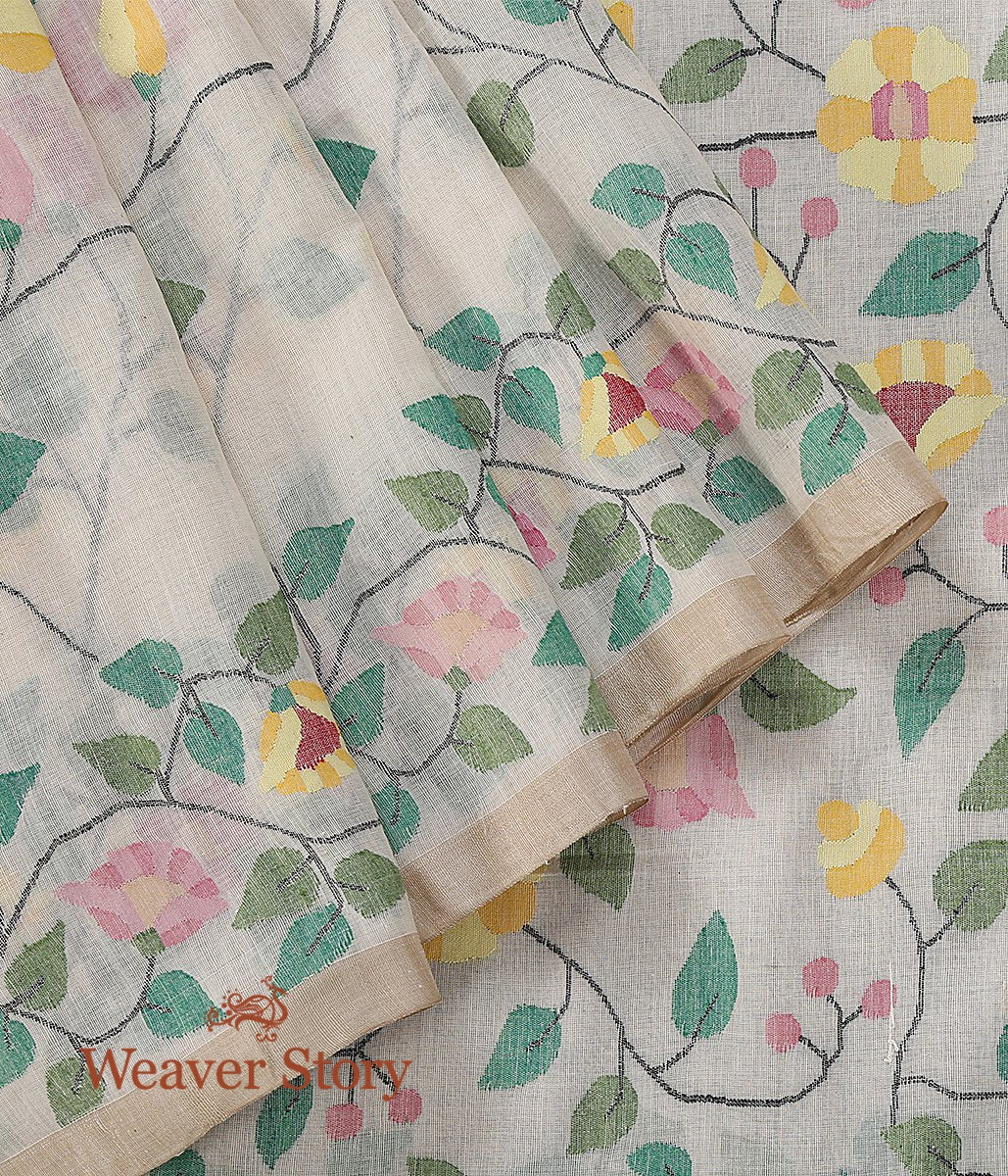 Handwoven_and_Handspun_Cotton_Jamdani_Saree_in_Offwhite_with_all_over_Floral_Jaal_WeaverStory_03