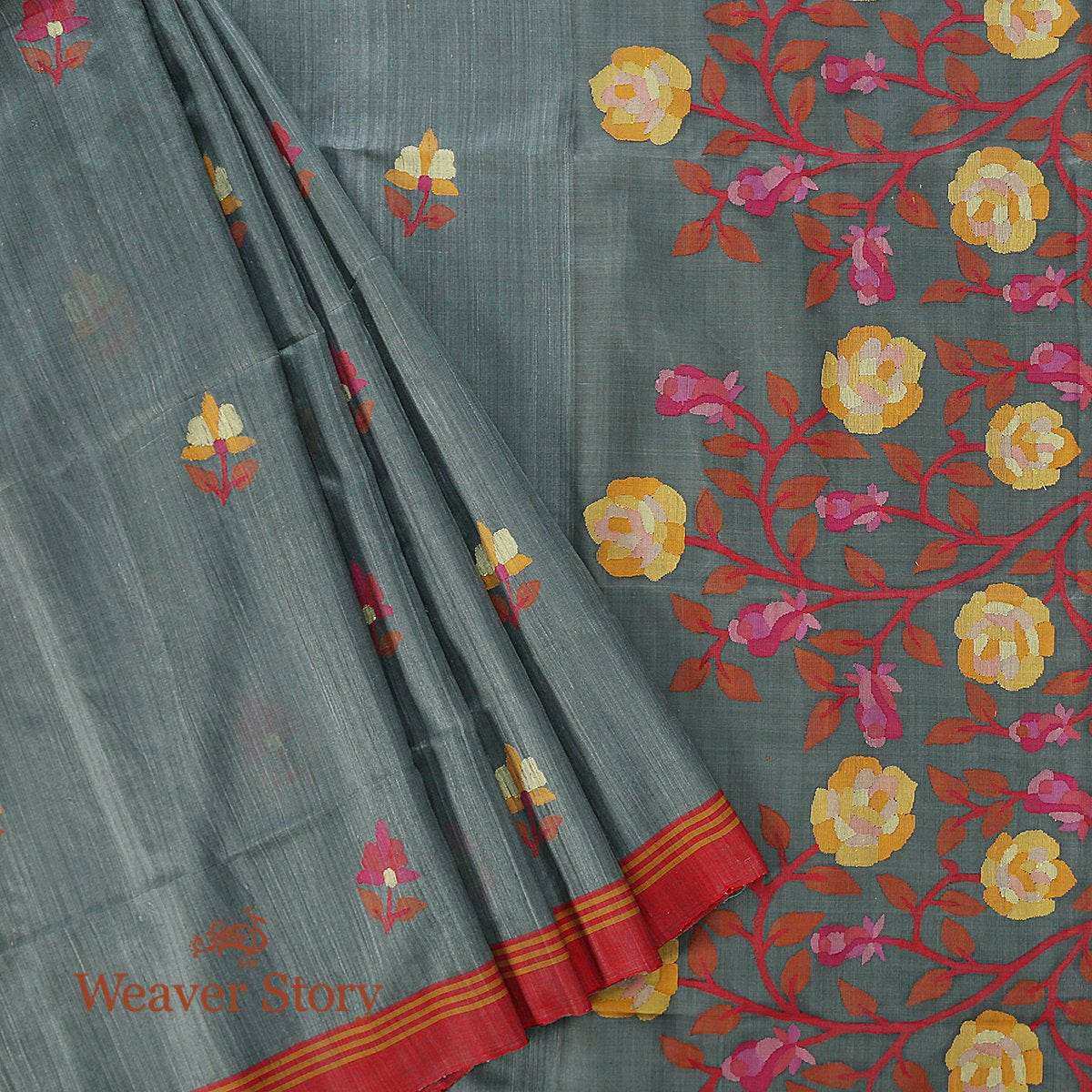 Handwoven_Cement_Grey_Matka_Silk_Saree_with_Muslin_Jamdani_Pallu_and_Red_Border_WeaverStory_01