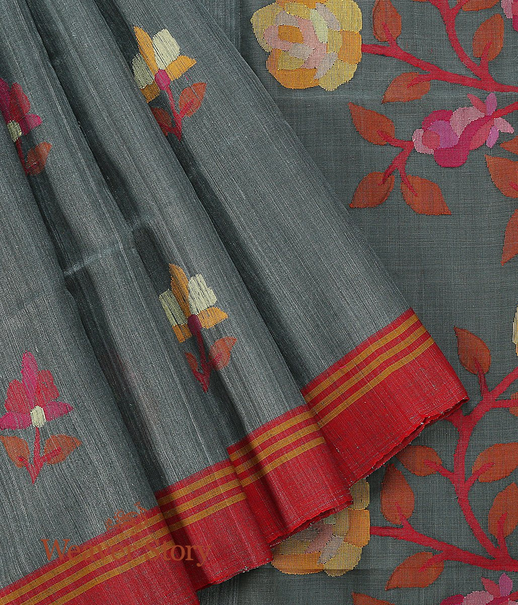 Handwoven_Cement_Grey_Matka_Silk_Saree_with_Muslin_Jamdani_Pallu_and_Red_Border_WeaverStory_04