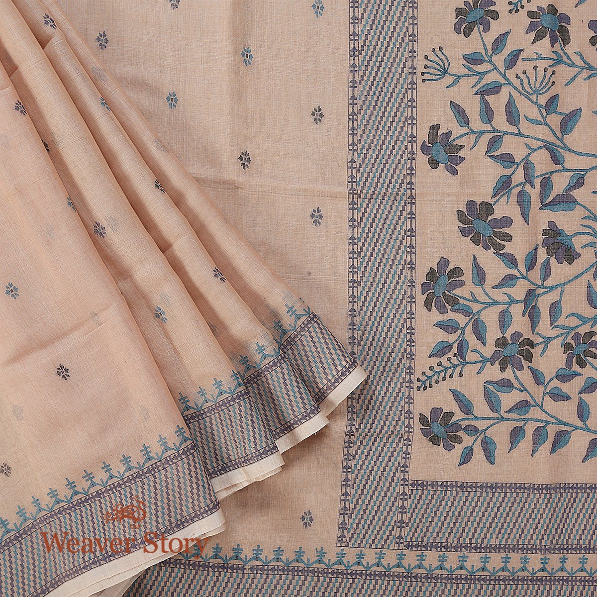 Beige_Hand_Spun_and_Hand_Woven_Cotton_Jamdani_Saree_with_Natural_Indigo_and_Black_Thread_Weave_WeaverStory_01