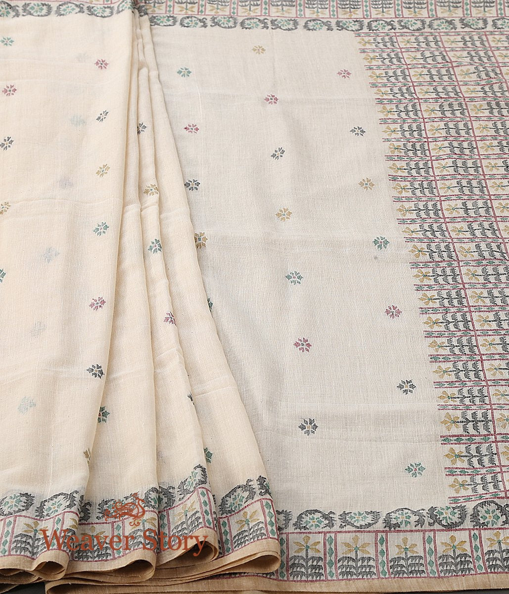 Beige_Hand_Spun_and_Hand_Woven_Cotton_Jamdani_Saree_with_Mustard_and_Black_Thread_Weave_WeaverStory_02