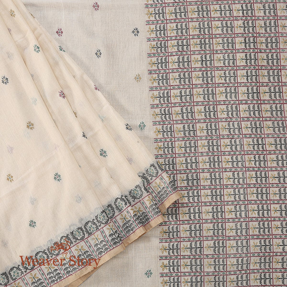 Beige_Hand_Spun_and_Hand_Woven_Cotton_Jamdani_Saree_with_Mustard_and_Black_Thread_Weave_WeaverStory_01