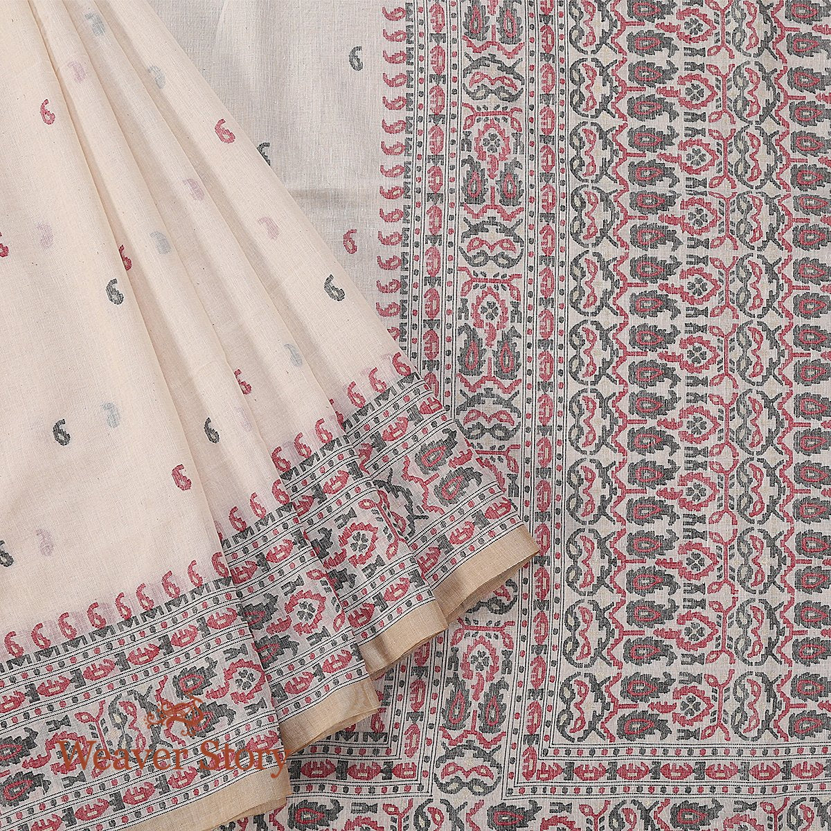 Beige_Hand_Spun_and_Hand_Woven_Cotton_Jamdani_Saree_with_Red_and_Black_Thread_Weave_WeaverStory_01