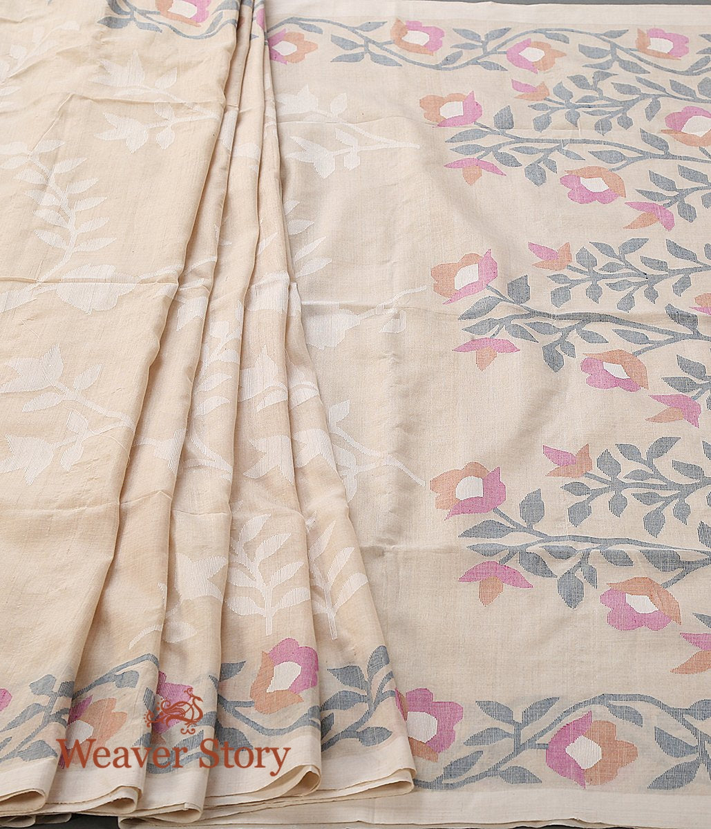 Handwoven_Beige_Tusser_Munga_Jamdani_Saree_with_Pink_Floral_Motifs_WeaverStory_02