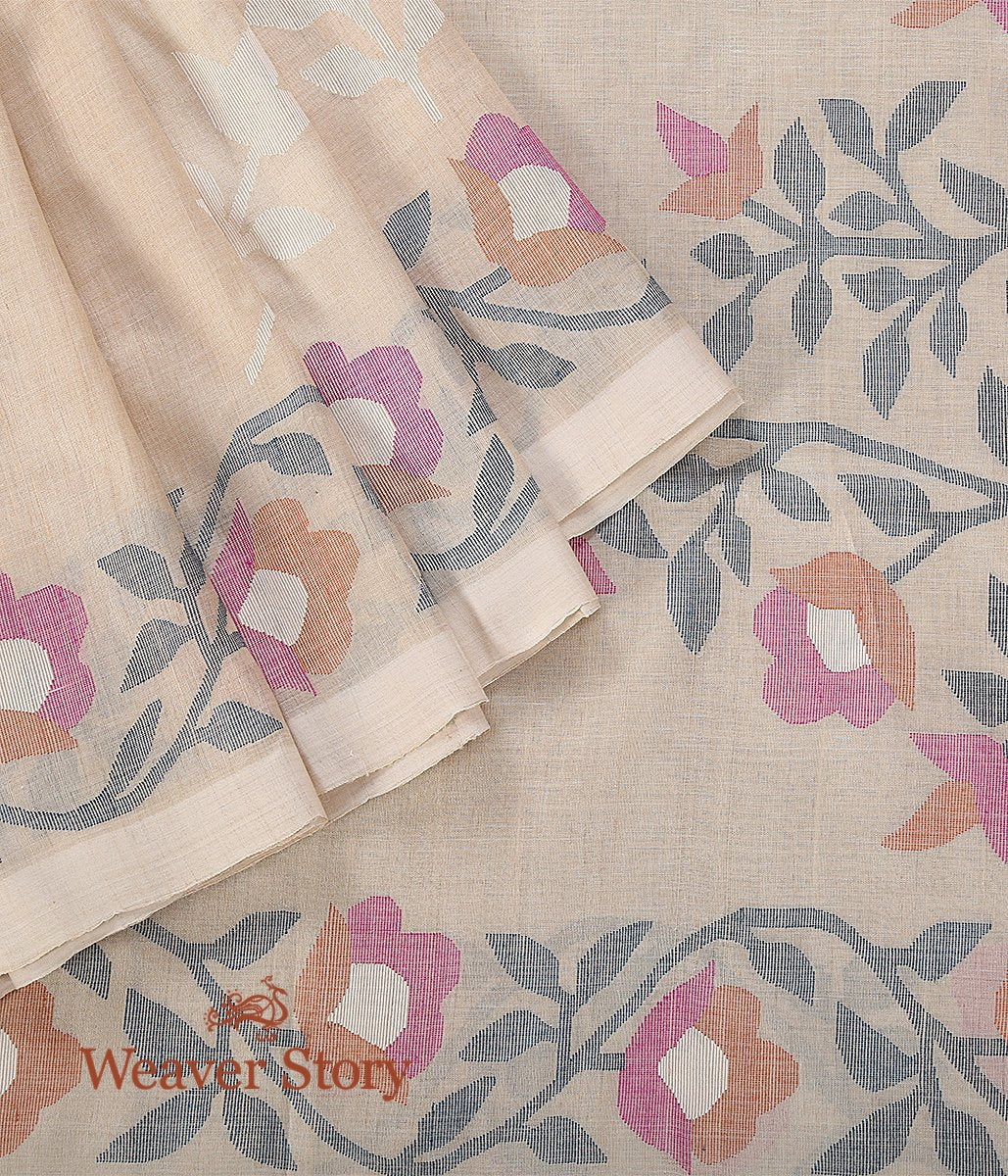 Handwoven_Beige_Tusser_Munga_Jamdani_Saree_with_Pink_Floral_Motifs_WeaverStory_04