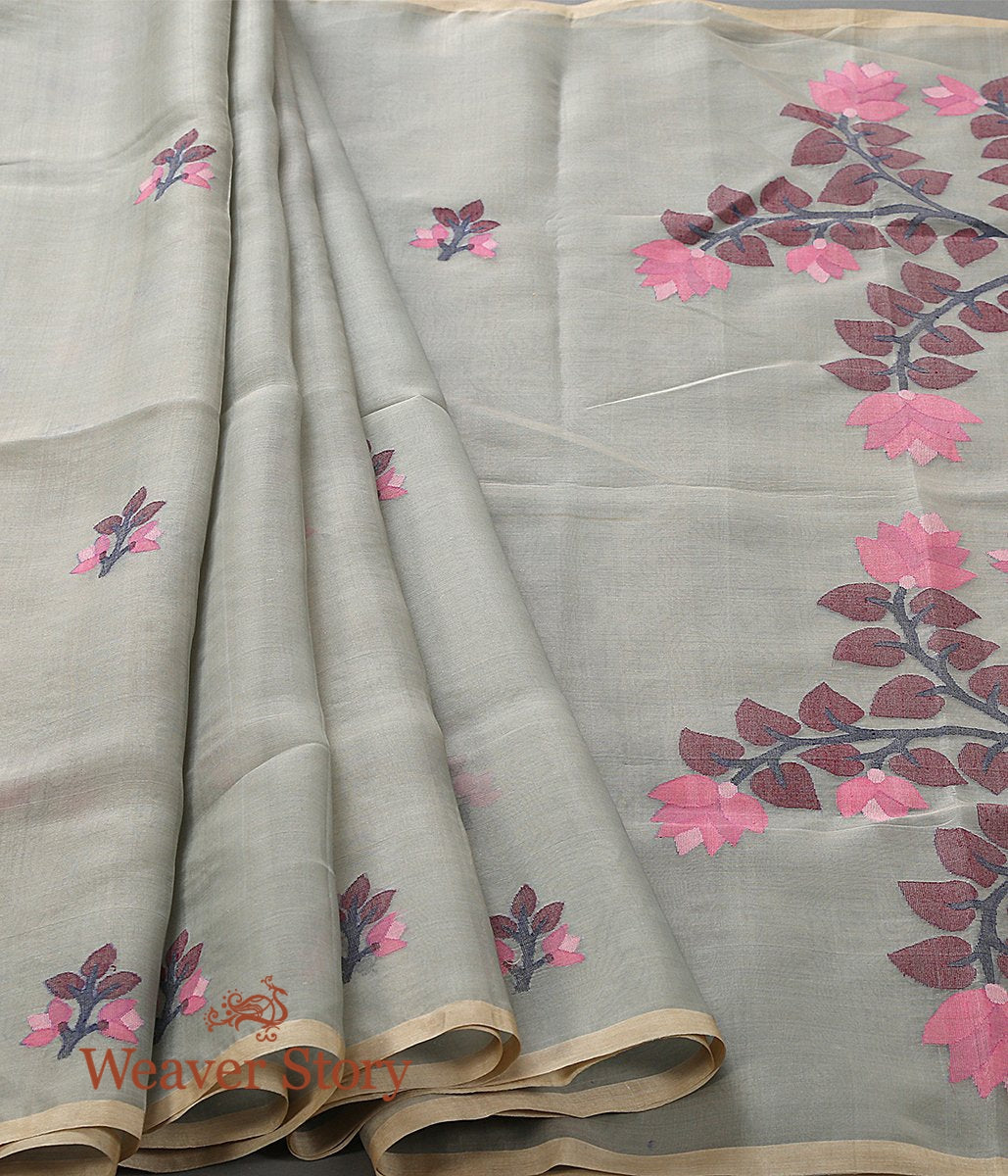 Handwoven_Olive_Green_Muslin_Jamdani_Saree_with_Floral_Pallu_WeaverStory_02