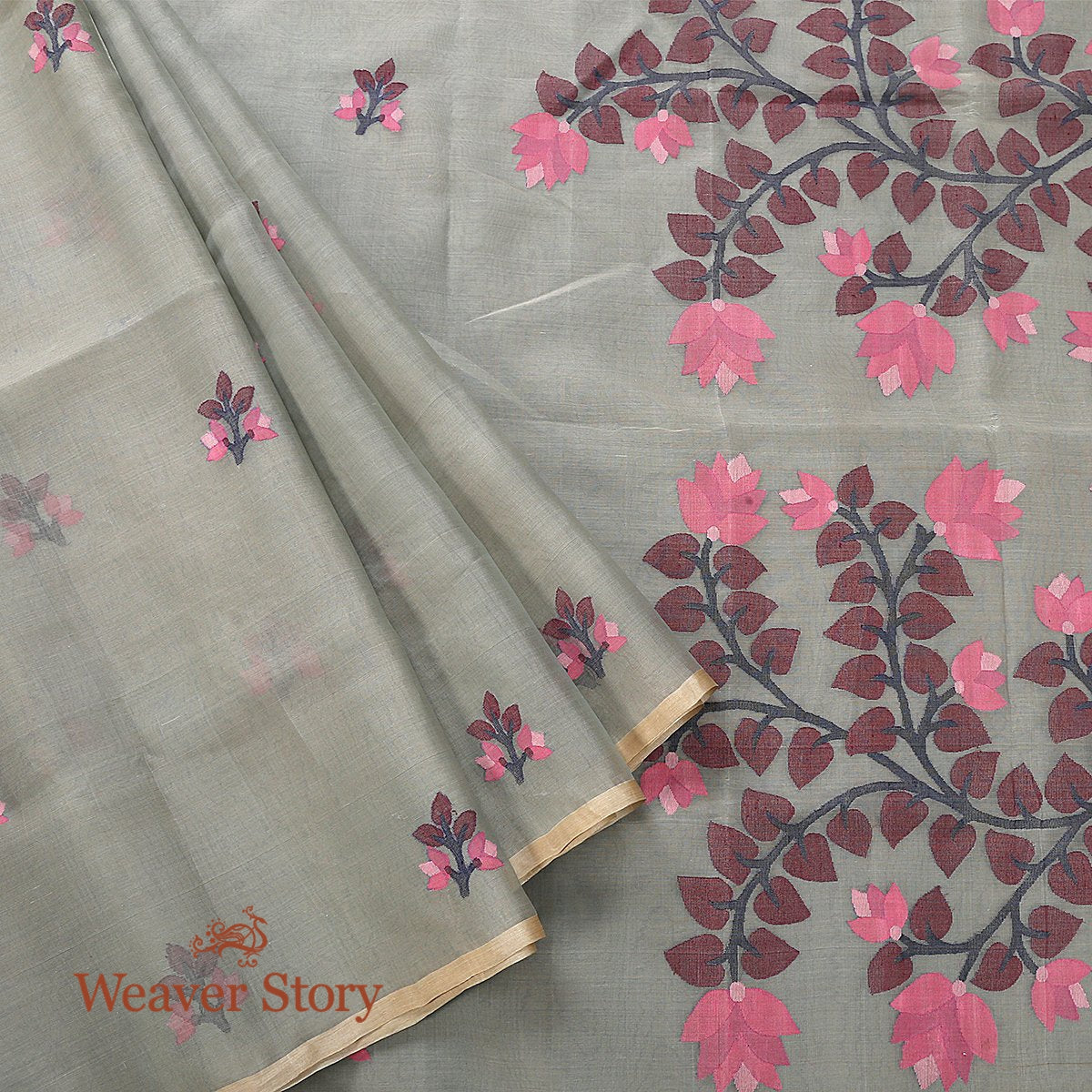 Handwoven_Olive_Green_Muslin_Jamdani_Saree_with_Floral_Pallu_WeaverStory_01