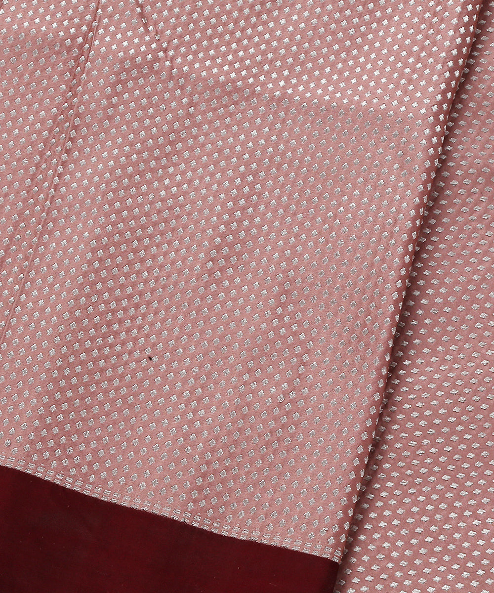 Peach_Pure_Satin_Banarasi_Handloom_Fabric_with_Silver_Zari_Booti_WeaverStory_04