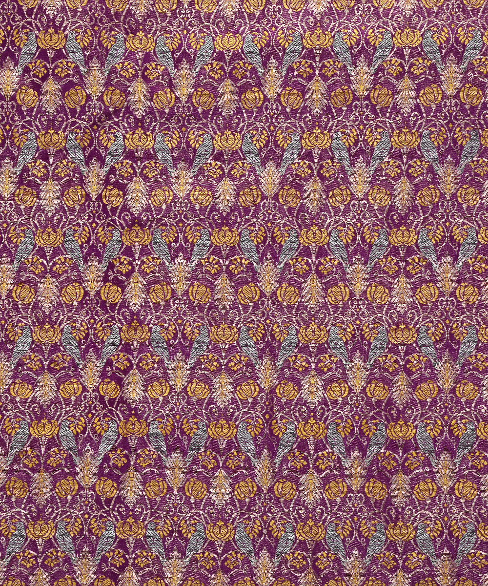 Purple_Pure_Satin_Silk_Banarasi_Jamawar_Handloom_Fabric_with_Birds_WeaverStory_03