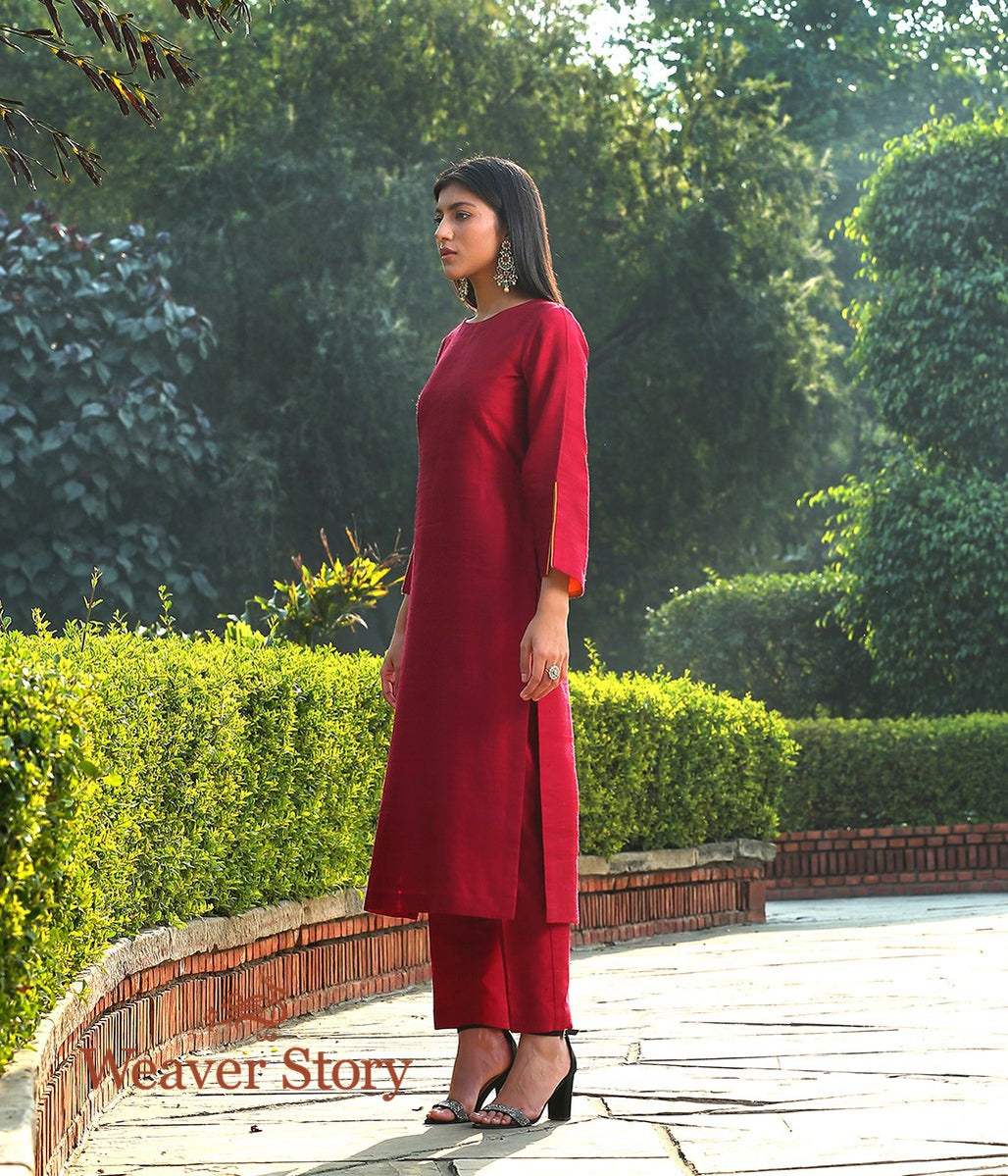Maroon_Raw_Silk_Kurta_with_Flared_Sleeves_and_Straight_Pants_WeaverStory_04
