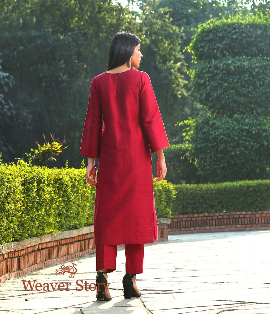 Maroon_Raw_Silk_Kurta_with_Flared_Sleeves_and_Straight_Pants_WeaverStory_05