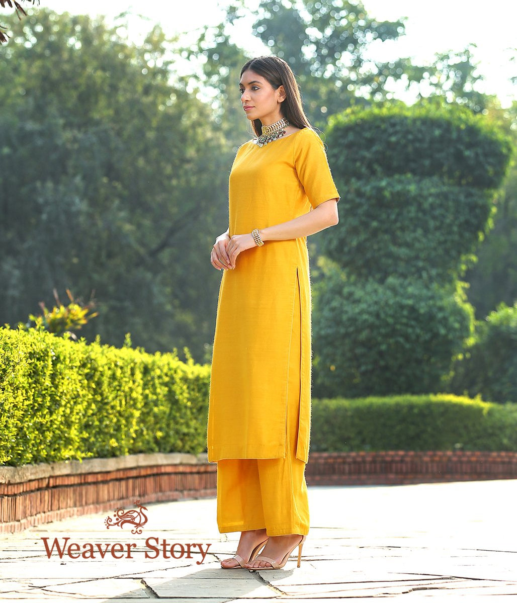 Mustard_Munga_Silk_Kurta_With_Maroon_Angrakha_Jacket_and_Wide_Leg_Pants_WeaverStory_03