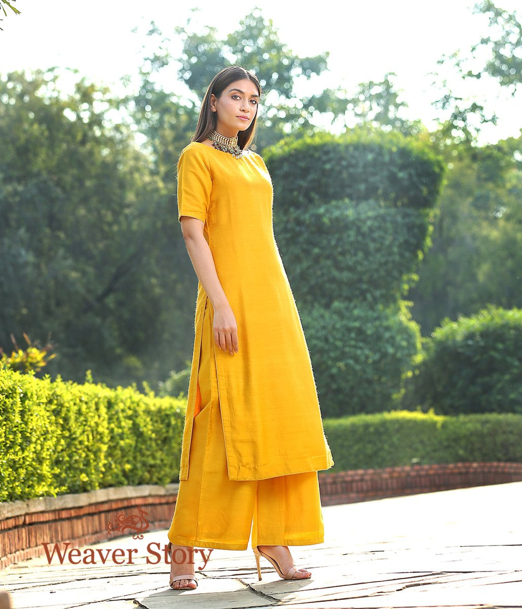 Mustard_Munga_Silk_Kurta_With_Maroon_Angrakha_Jacket_and_Wide_Leg_Pants_WeaverStory_02