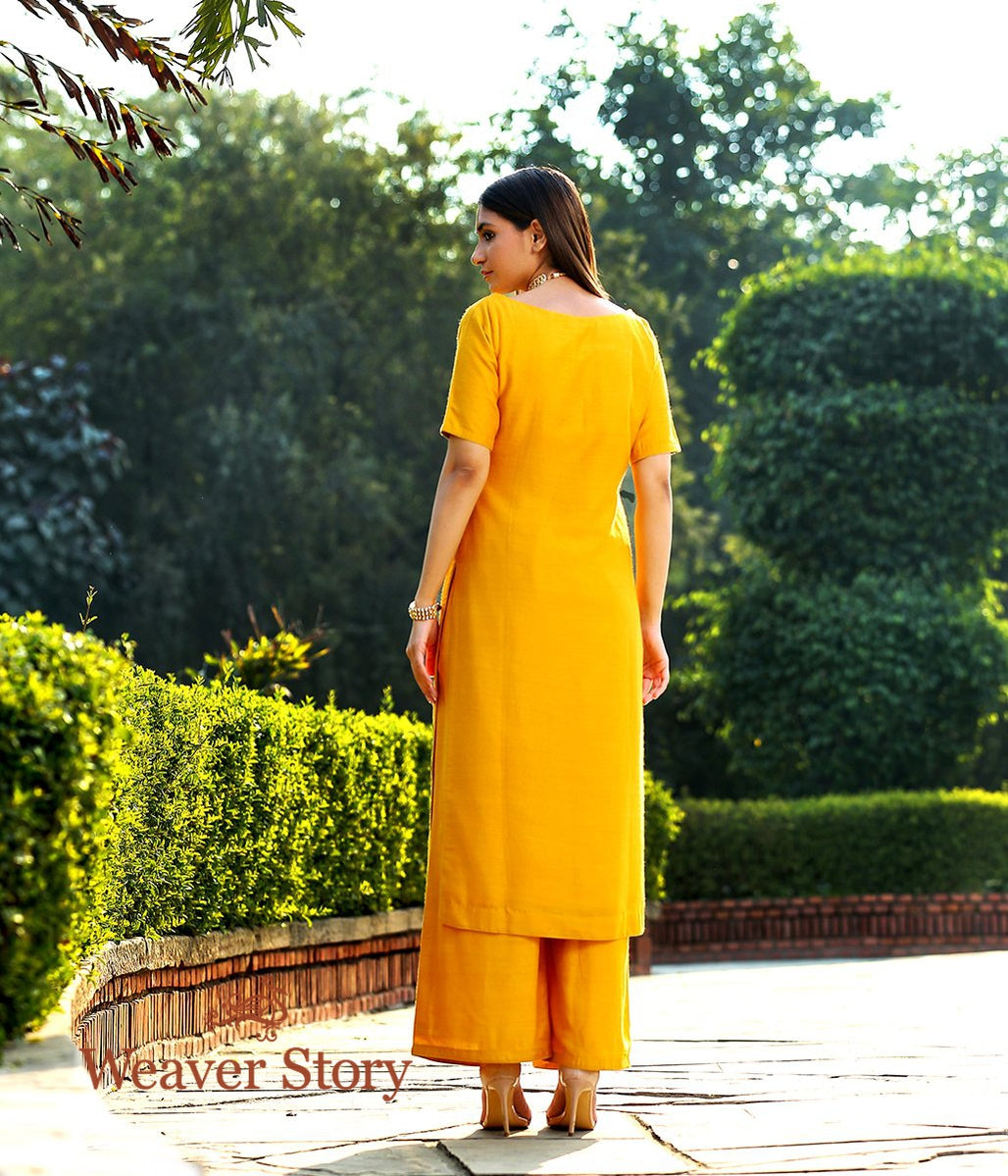 Mustard_Munga_Silk_Kurta_With_Maroon_Angrakha_Jacket_and_Wide_Leg_Pants_WeaverStory_04