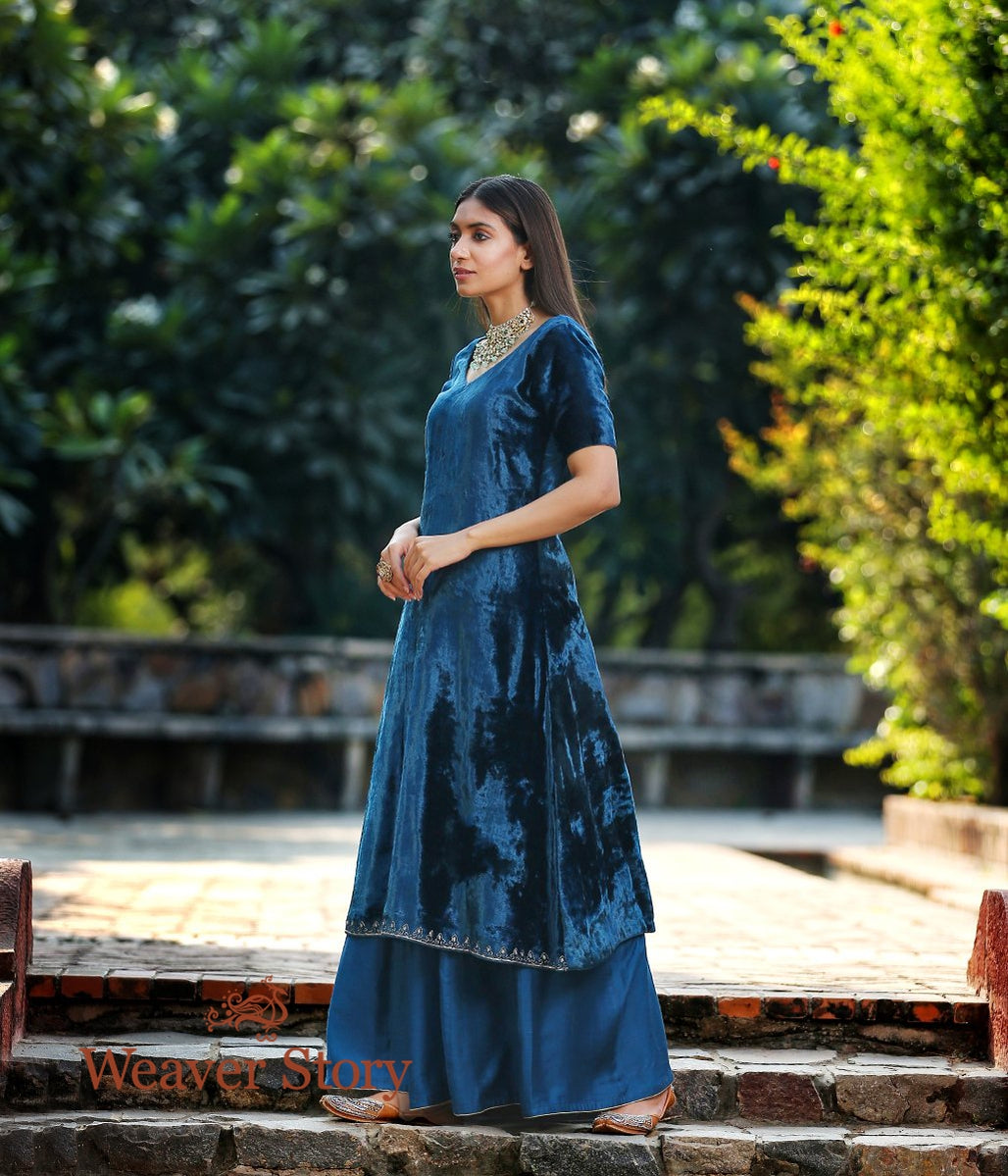 Teal_Blue_Silk_Velvet_Kurta_with_Hand_Embroidered_Zardozi_Detailing_and_Sharara_WeaverStory_03