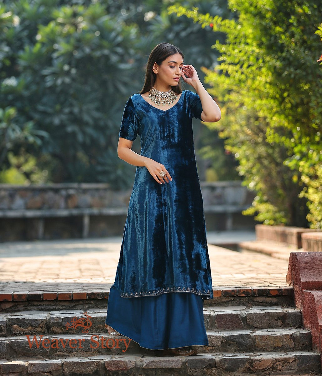 Teal_Blue_Silk_Velvet_Kurta_with_Hand_Embroidered_Zardozi_Detailing_and_Sharara_WeaverStory_04