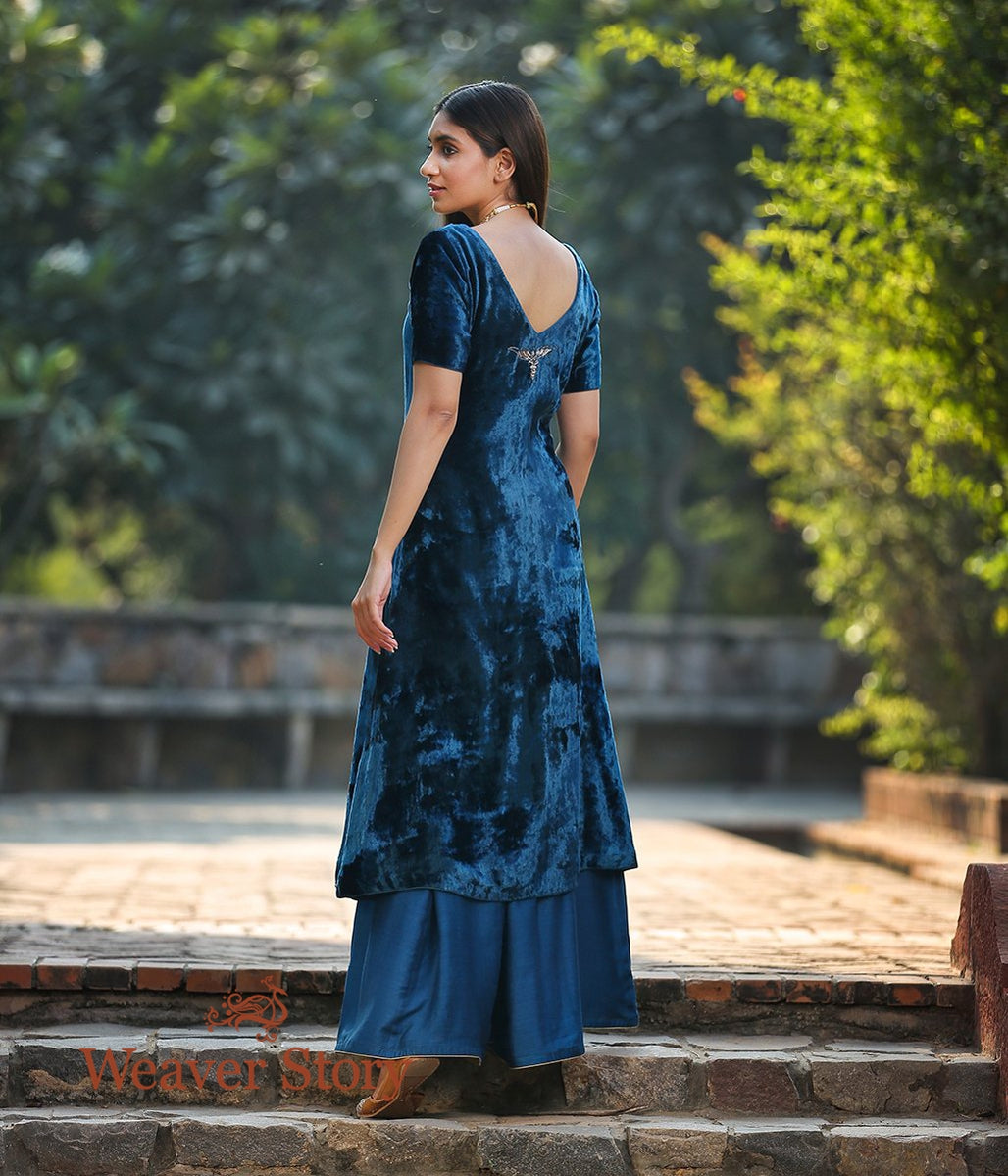 Teal_Blue_Silk_Velvet_Kurta_with_Hand_Embroidered_Zardozi_Detailing_and_Sharara_WeaverStory_05
