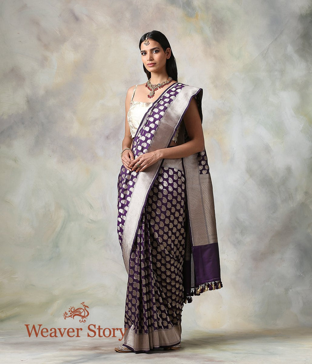 Handwoven_Dark_Purple_Cutwork_Booti_Banarasi_Saree_WeaverStory_02