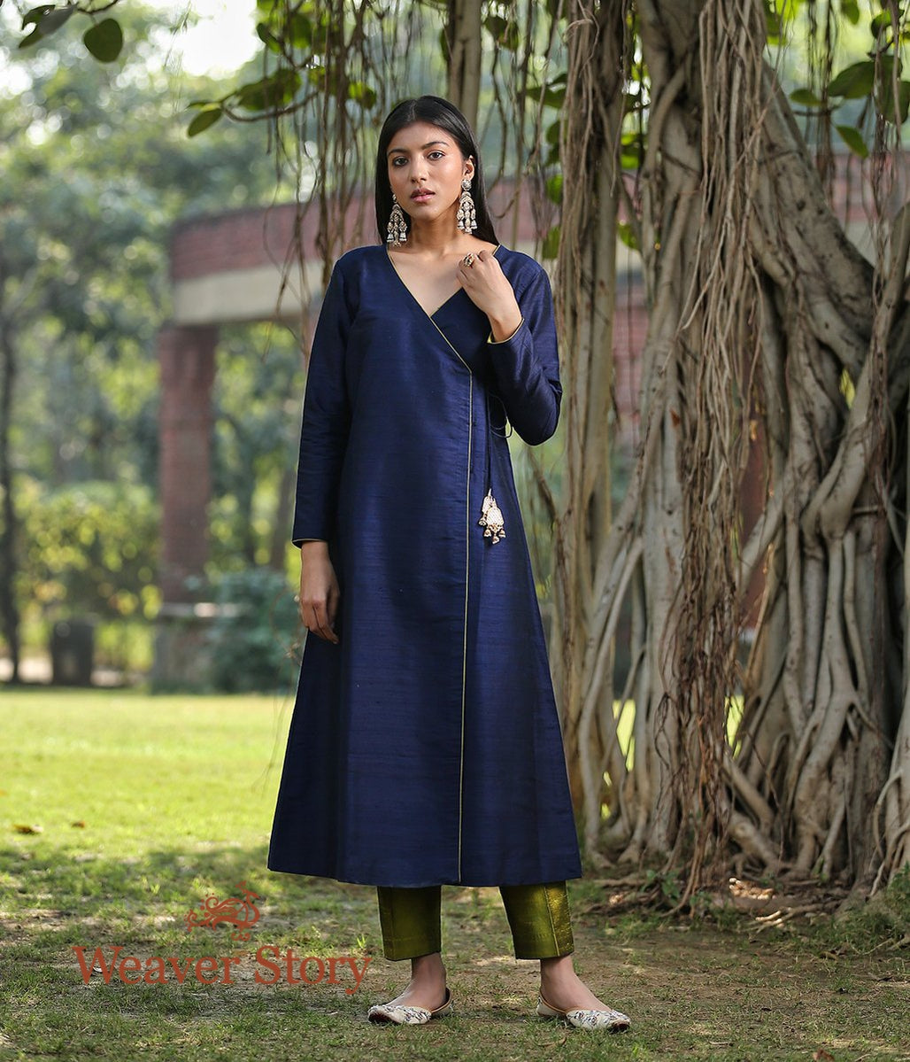 Dark_Blue_Raw_Silk_Kurta_With_Olive_Green_Pants_and_Zardozi_Work_Dupatta_WeaverStory_03