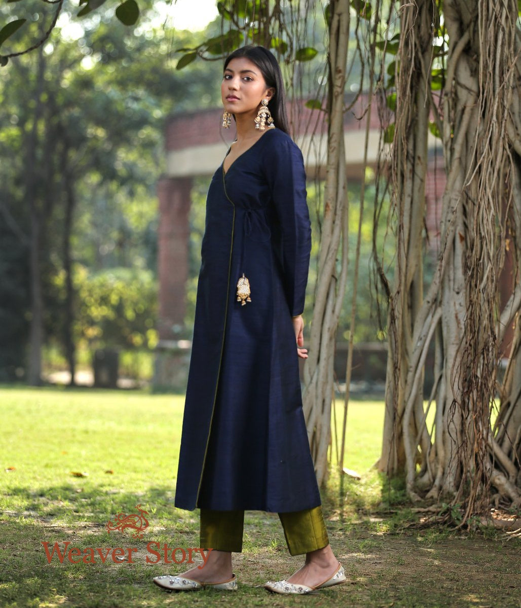 Dark_Blue_Raw_Silk_Kurta_With_Olive_Green_Pants_and_Zardozi_Work_Dupatta_WeaverStory_04