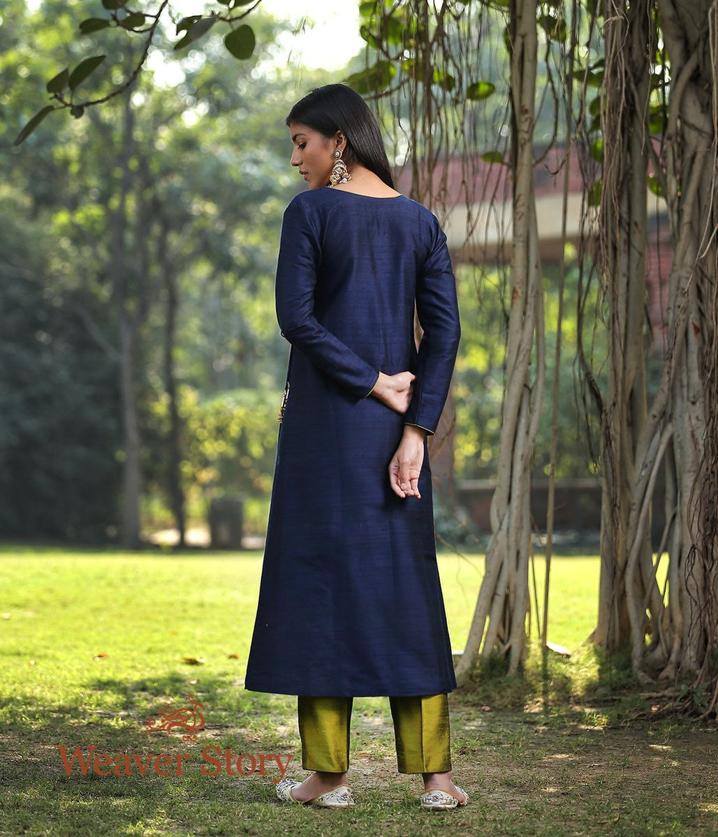 Dark_Blue_Raw_Silk_Kurta_With_Olive_Green_Pants_and_Zardozi_Work_Dupatta_WeaverStory_05