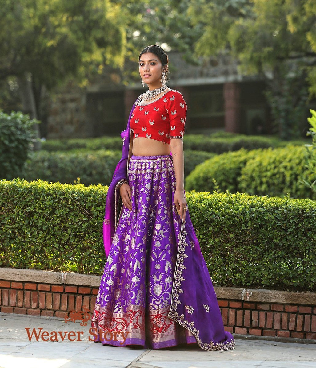 Handwoven_Purple_Banarasi_Lehenga_with_Red_Border_WeaverStory_03
