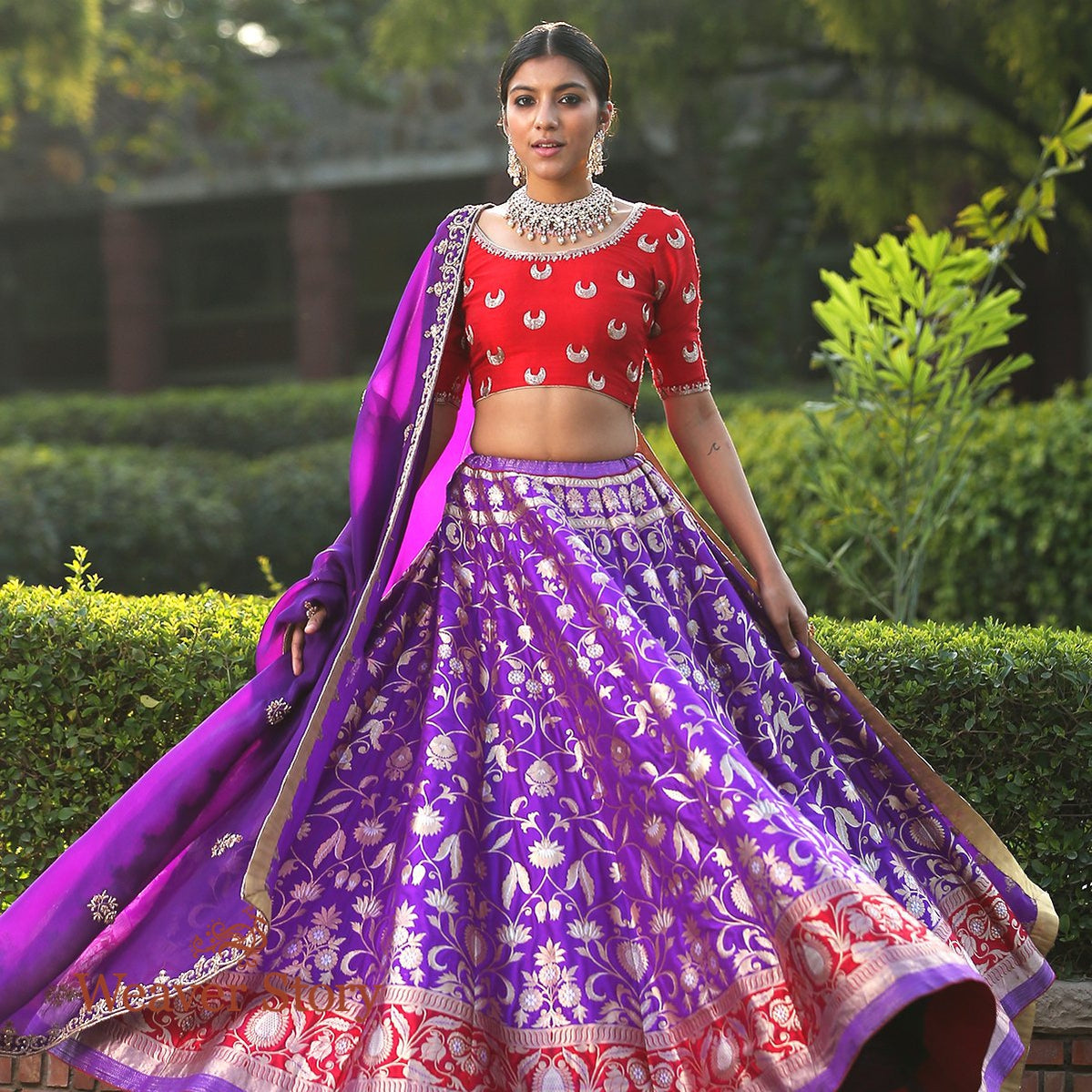 Handwoven_Purple_Banarasi_Lehenga_with_Red_Border_WeaverStory_02