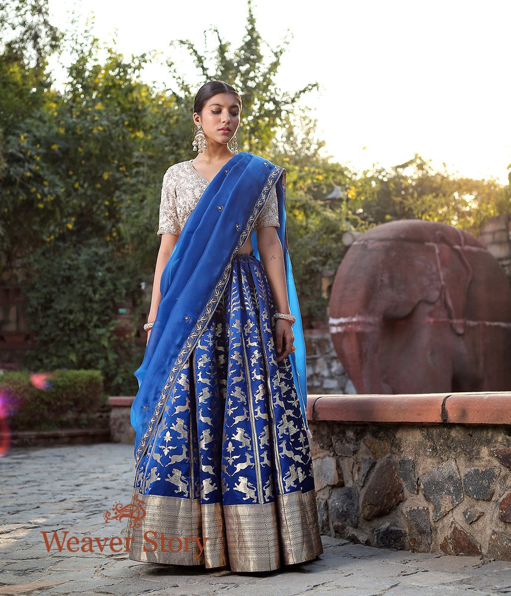 Handwoven_Royal_Blue_Shikargah_Lehenga_with_Lion_Motifs_WeaverStory_02