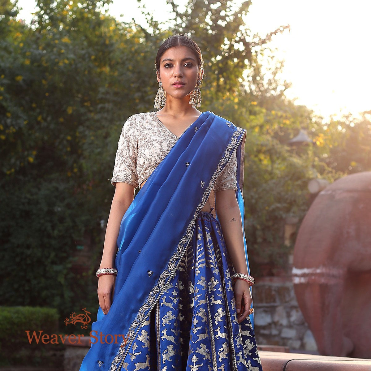 Handwoven_Royal_Blue_Shikargah_Lehenga_with_Lion_Motifs_WeaverStory_03