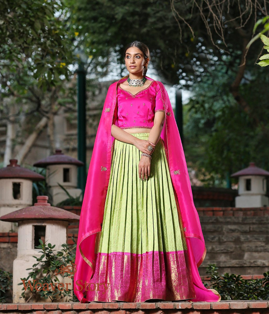 Handwoven_Kanjivaram_Pleated_Lehenga_with_Satin_Blouse_and_Organza_Dupatta_WeaverStory_01