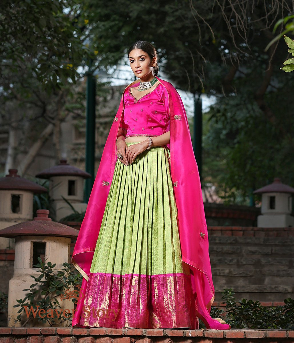 Handwoven_Kanjivaram_Pleated_Lehenga_with_Satin_Blouse_and_Organza_Dupatta_WeaverStory_03