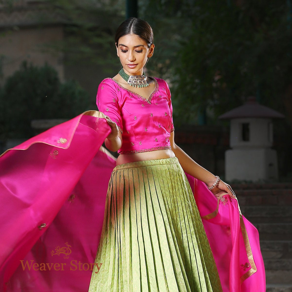 Handwoven_Kanjivaram_Pleated_Lehenga_with_Satin_Blouse_and_Organza_Dupatta_WeaverStory_02