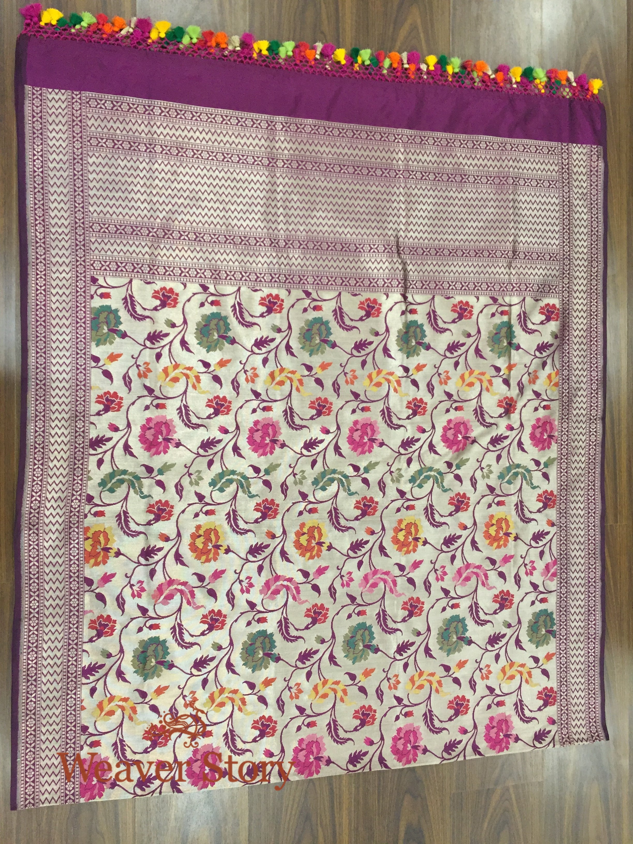 Wine_Handloom_Cutwork_Banarasi_Jangla_Dupatta_with_Antique_Zari_Base_and_Meenakari_WeaverStory_03